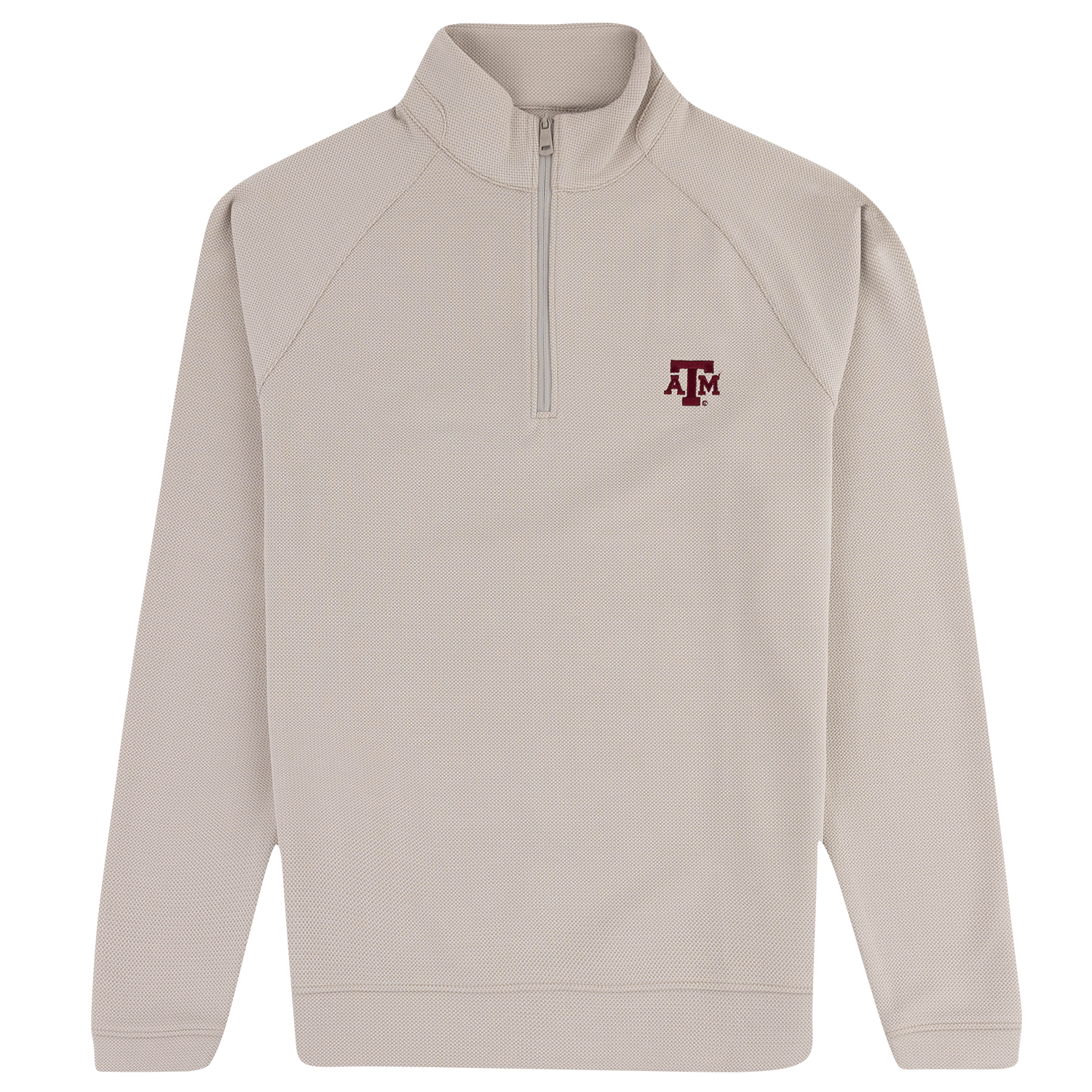 A light beige quarter-zip pullover sweatshirt with a small maroon Texas A&M logo on the left chest, displayed on a clean white background.