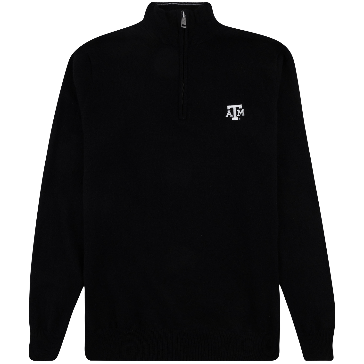 Black Texas A&M quarter-zip pullover with a stand collar, long sleeves, ribbed cuffs and hem, and a white Texas A&M logo embroidered on the left chest.