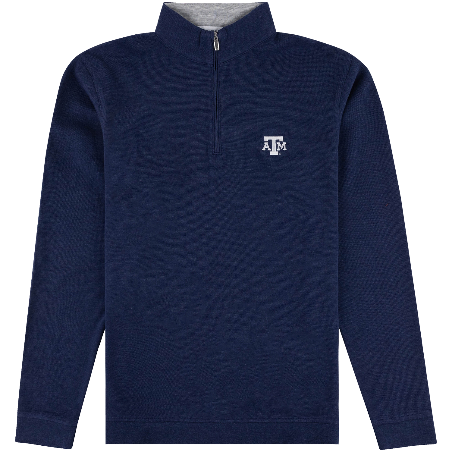 Navy blue Texas A&M long-sleeve quarter-zip pullover featuring a stand-up collar, silver zipper, and white ATM logo embroidered on the chest.