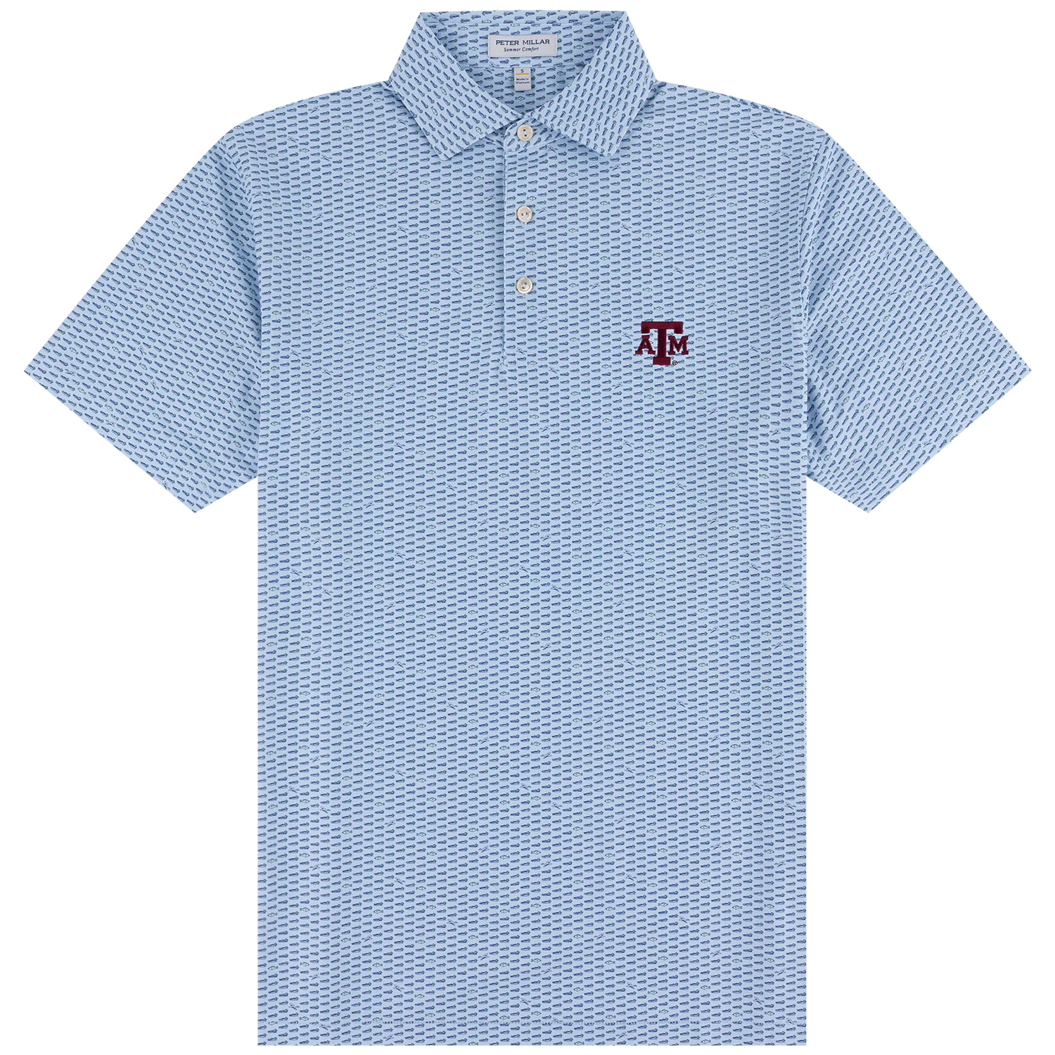 A light blue and white micro-patterned short-sleeve polo shirt with a small maroon embroidered "ATM' logo on the left chest, displayed on a solid white background.