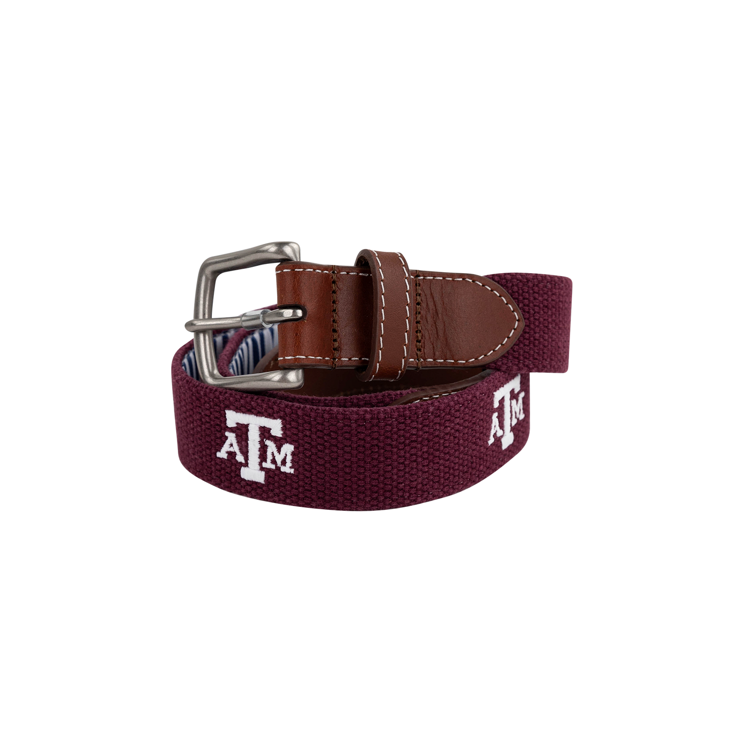 Maroon belt with silver buckle and 'ATM' logo