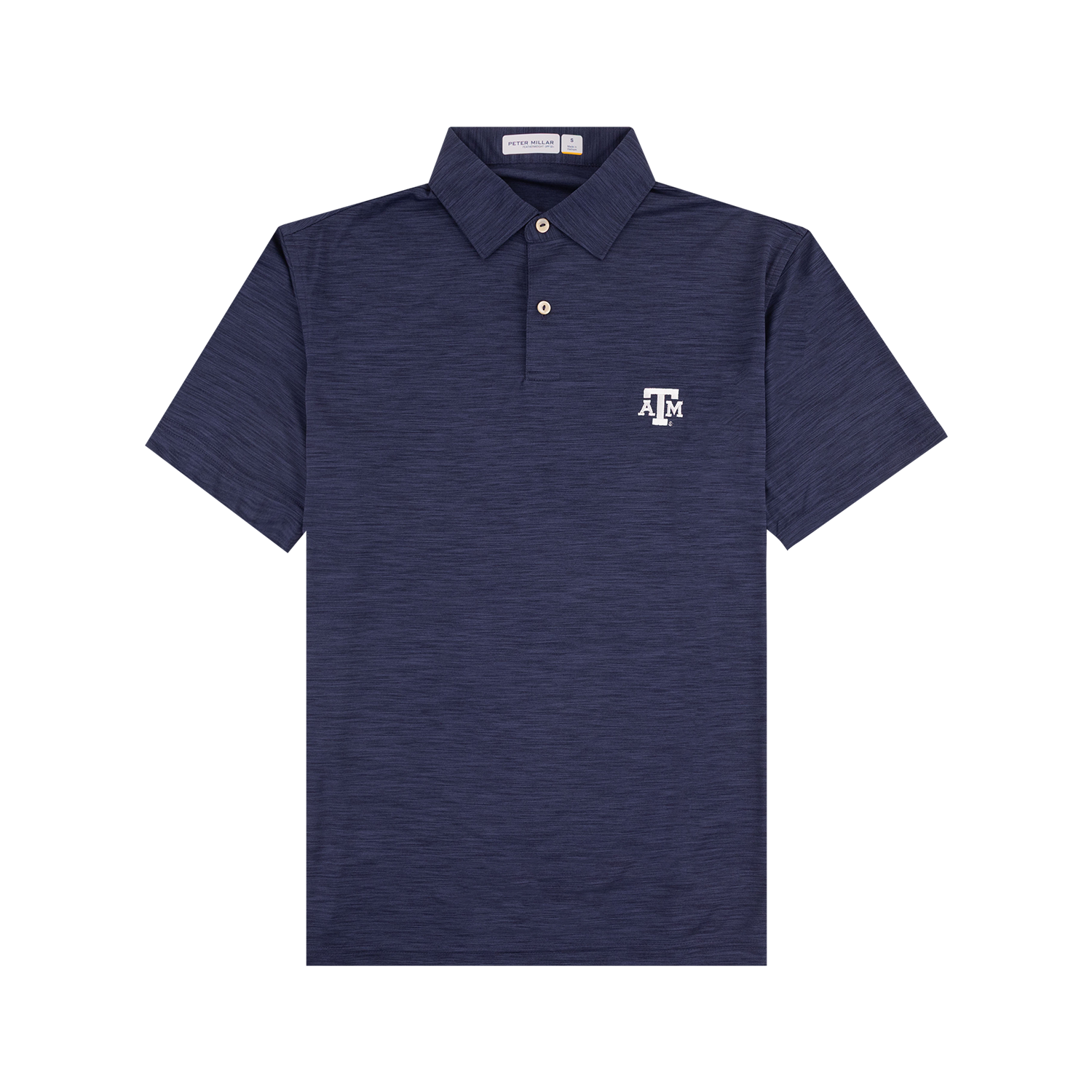 A navy blue short-sleeve polo shirt with a subtle heathered texture, featuring a white Texas A&M Aggies logo embroidered on the left chest, displayed on a clean white background.