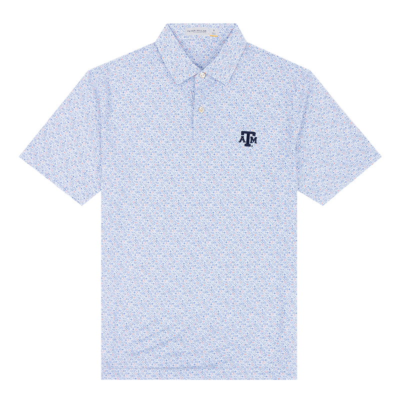 White polo with blue dice and blue ATM logo on the left side of the chest