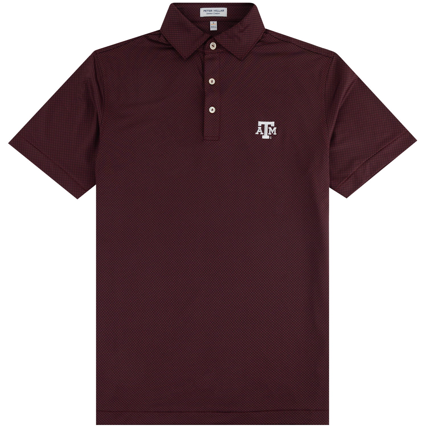A short-sleeve polo shirt in a maroon  and black micro pattern with a white embroidered 'A&M' logo on the left chest, displayed on a clean white background.