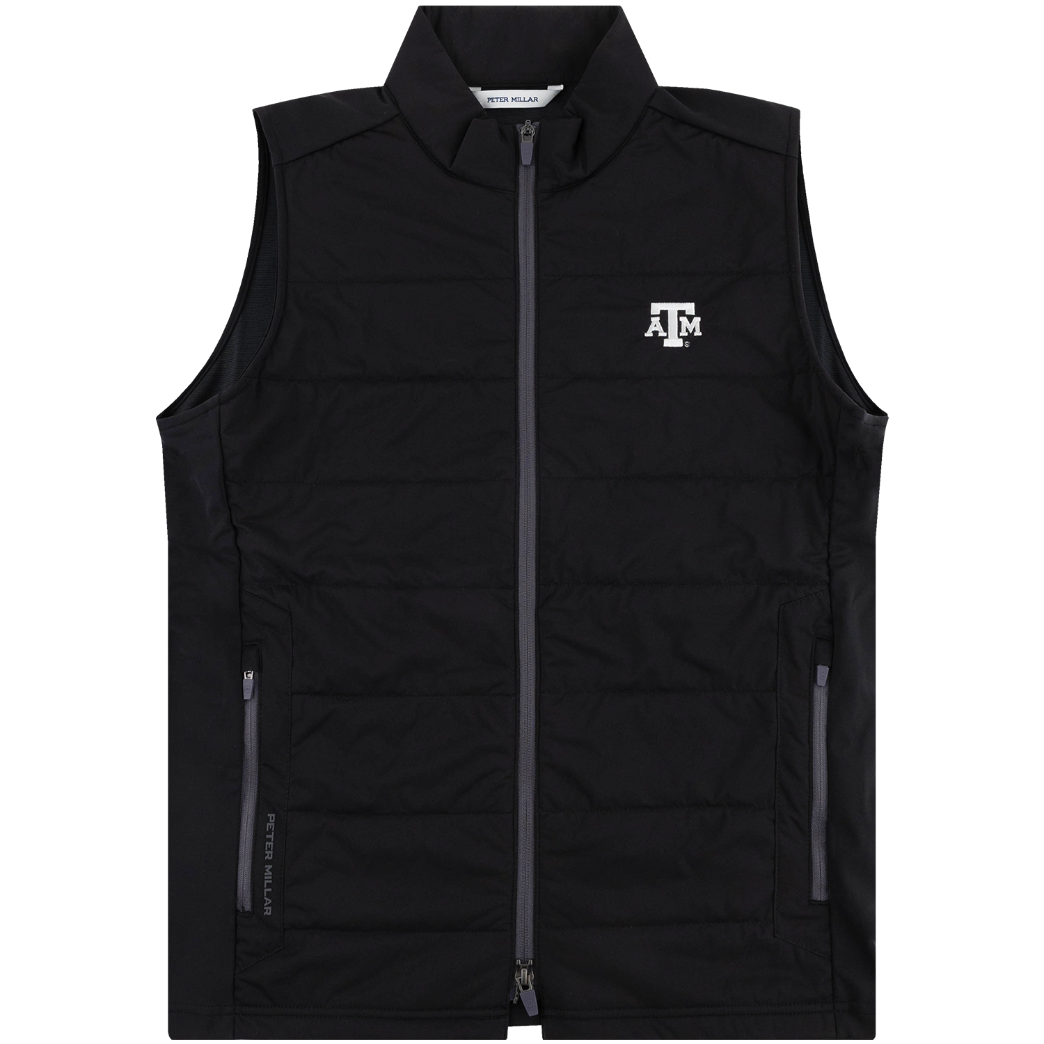 Black Texas A&M Peter Millar Fuse Hybrid Vest featuring a quilted design, full-zip front, stand-up collar, zippered side pockets, and white Texas A&M logo on the chest.
