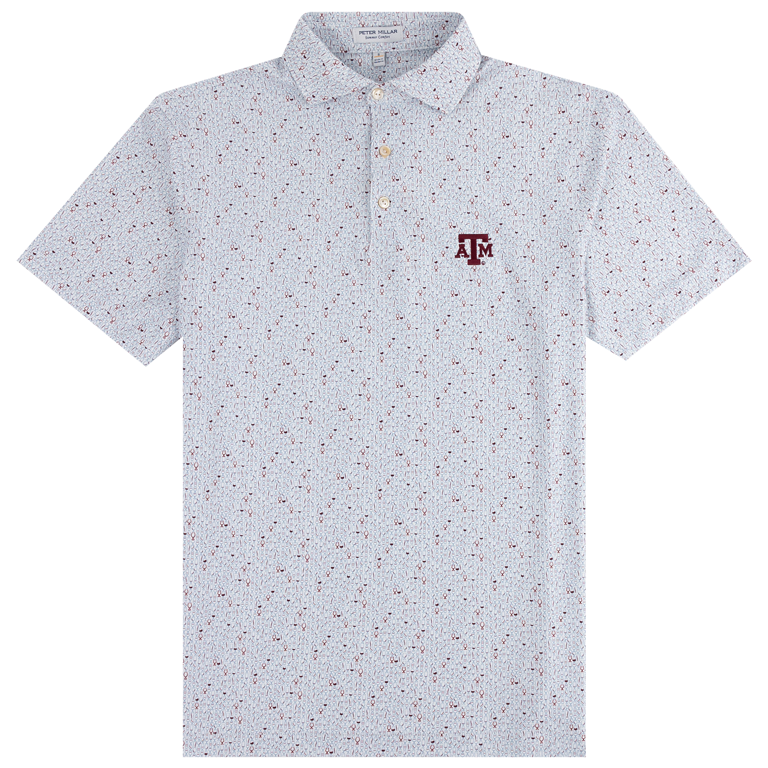 A short-sleeve polo shirt with a white base, covered in a tiny red and blue beverage glassware micro-pattern, featuring a maroon Texas A&M 'A&M' logo on the left chest.