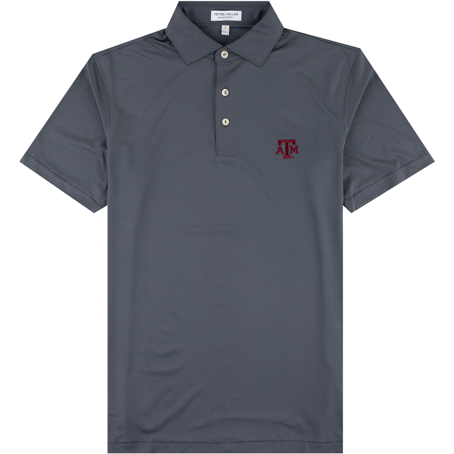 Gray Texas A&M Peter Millar Hugo Performance Polo featuring a subtle geometric pattern, classic collar, three-button placket, short sleeves, and maroon Texas A&M logo embroidered on the left chest.