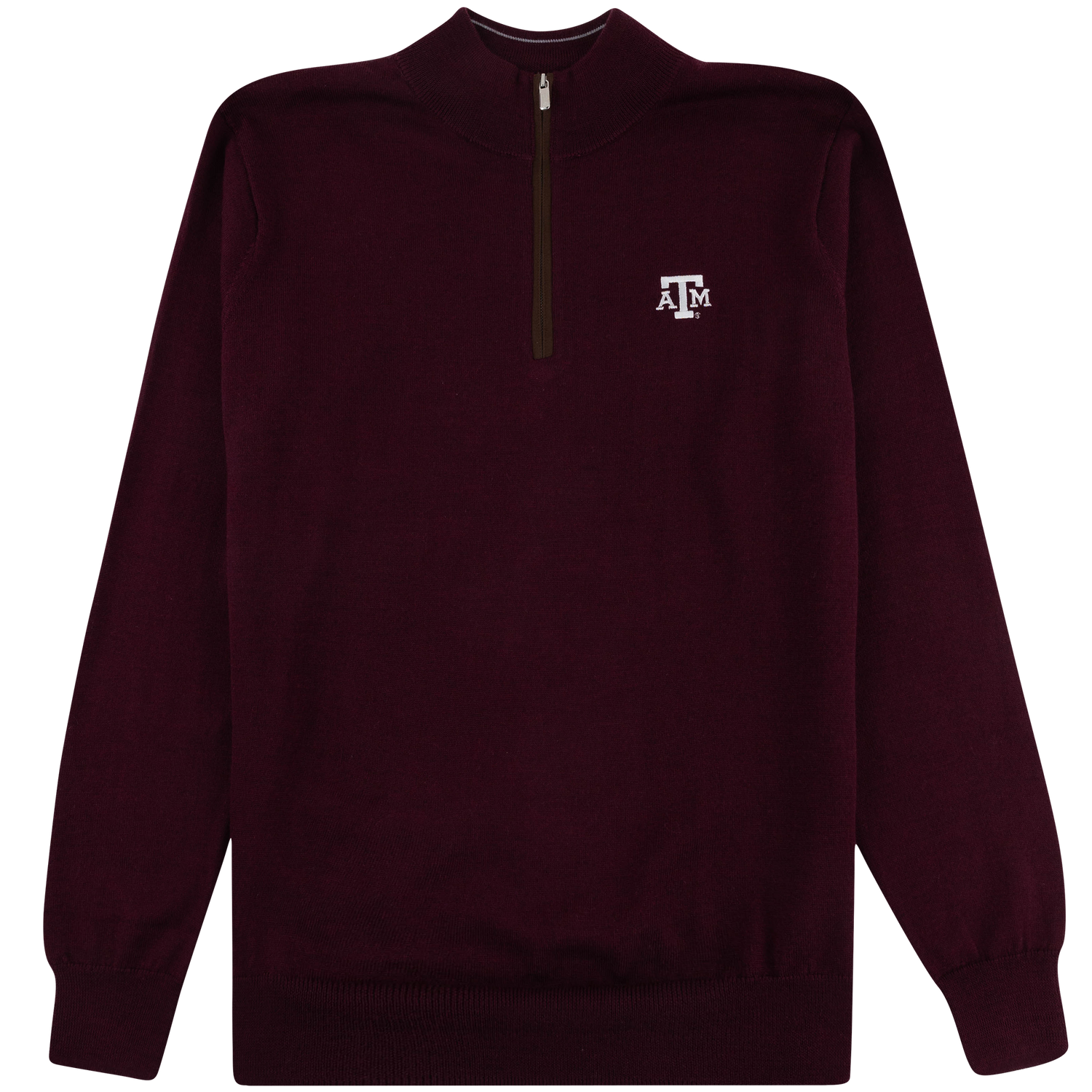 Maroon Peter Millar quarter-zip pullover featuring a stand-up collar with a brown suede-trim zipper and a white embroidered Texas A&M logo on the left chest.