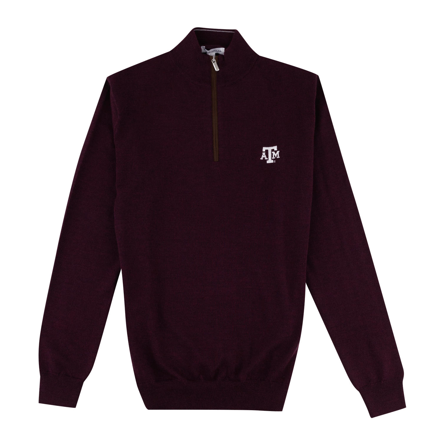 Maroon quarter zip with white ATM logo on the left side of the chest