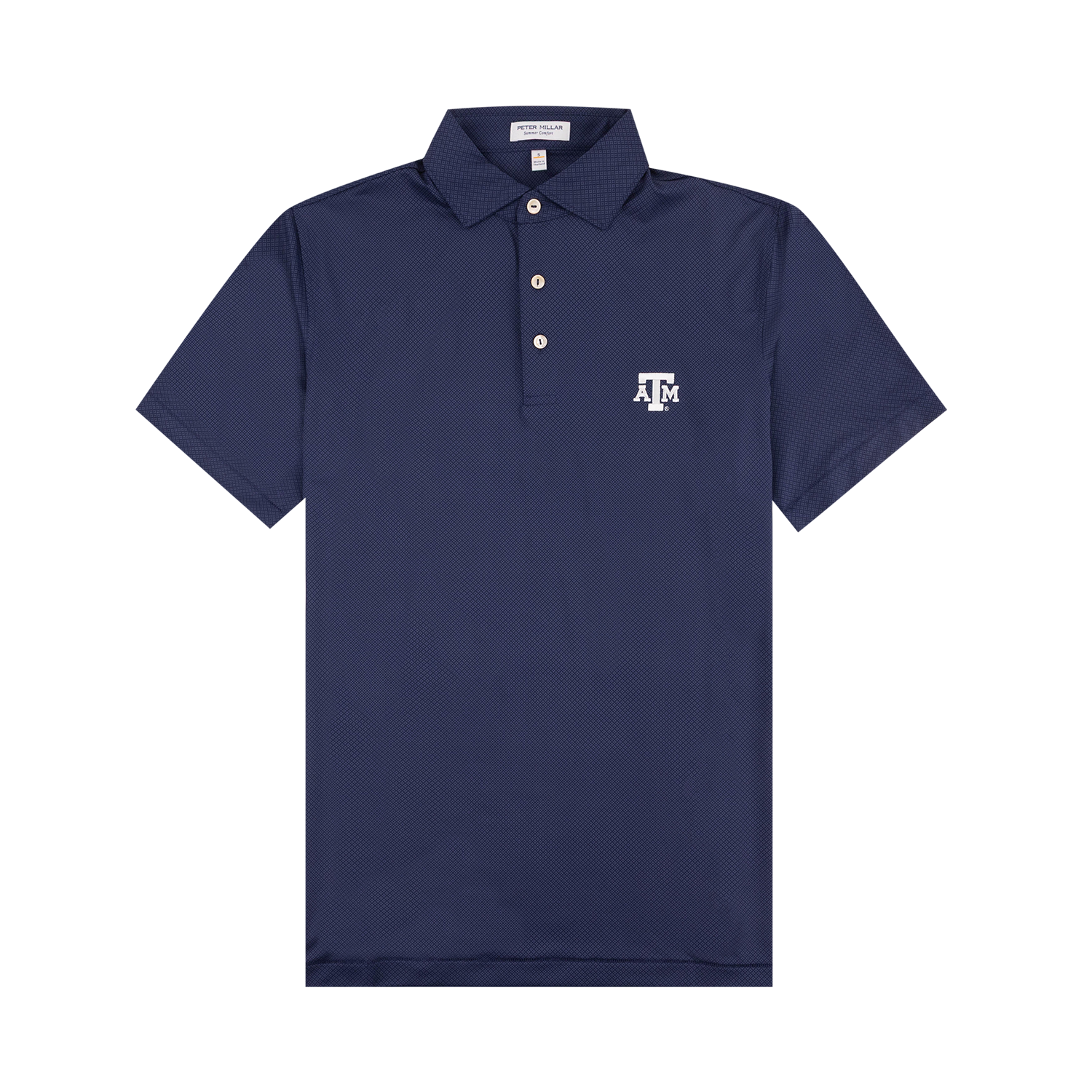 A navy blue short-sleeve polo shirt with a three-button placket and a white embroidered 'A&M' logo on the left chest, displayed against a solid white background.