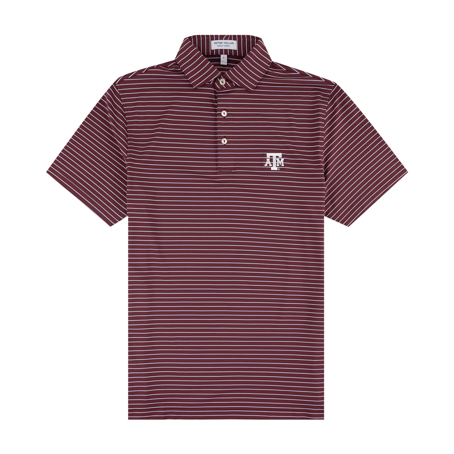 Maroon performance polo with light blue and white thin stripes. Designed with ATM logo embroidered in white on left chest. 