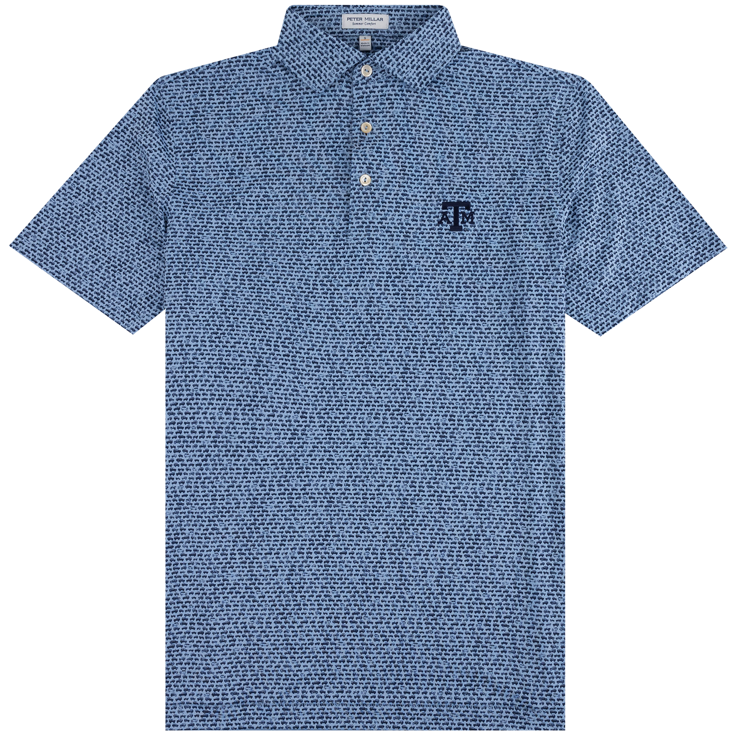 Blue three button men's polo with micro pattern of vehicles in varying shades of blue featuring an embroidered navy blue Texas A&M logo on the left chest. 