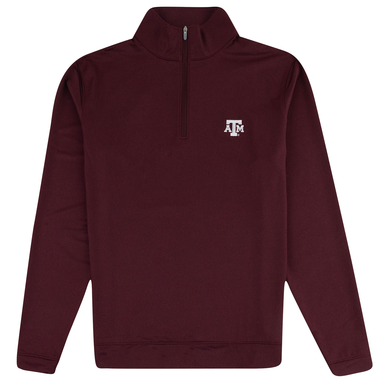 A maroon long-sleeve quarter-zip pullover sweatshirt with a white embroidered 'A&M' logo on the left chest, displayed on a clean white background.