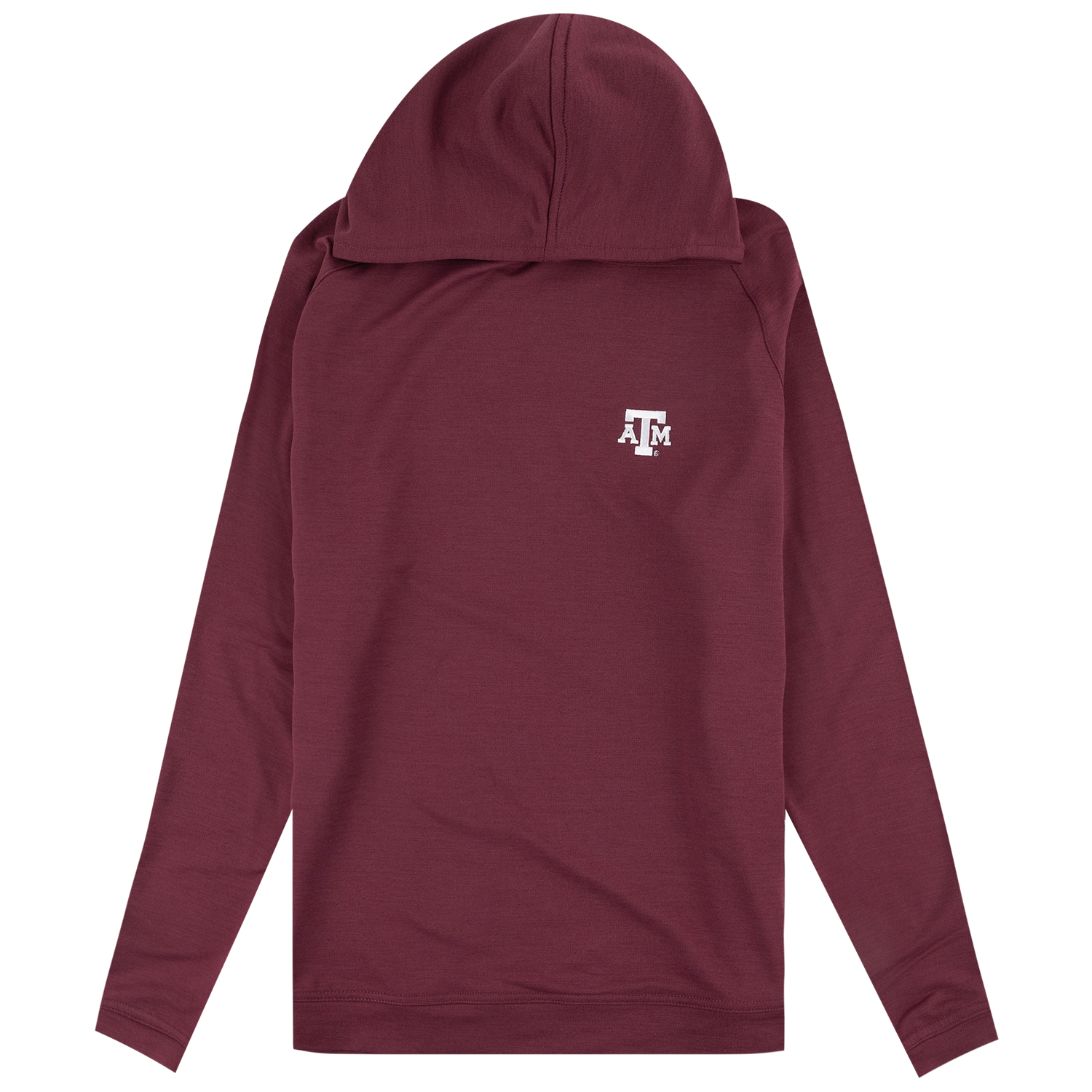 A maroon long-sleeve hooded performance shirt with a white 'A&M' logo on the left chest, displayed against a solid white background.