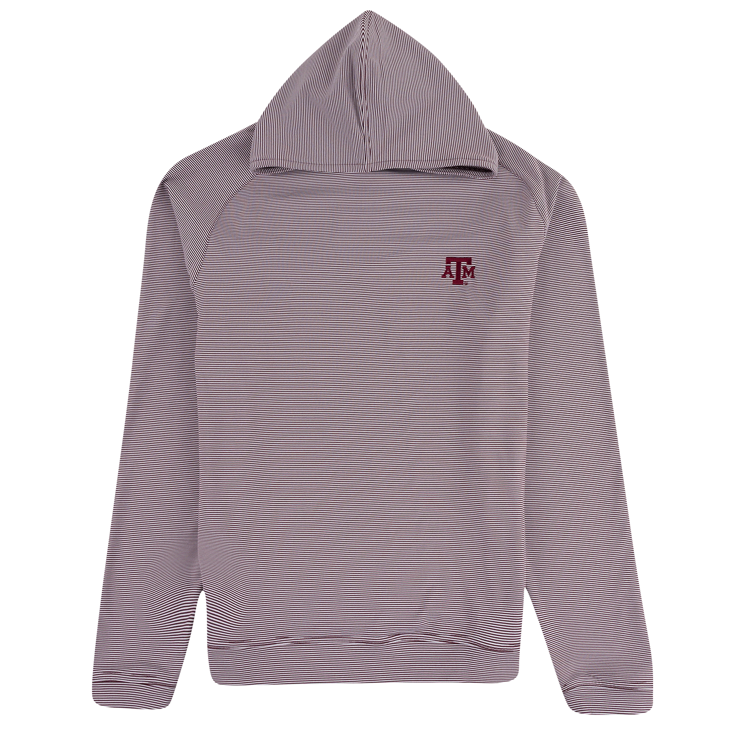 A maroon striped hooded sweatshirt with a small maroon Texas A&M logo on the left chest, displayed against a solid white background.