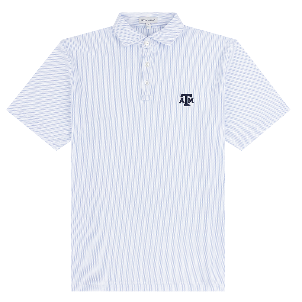 White polo with blue polka dots and navy ATM logo on the left side of the chest