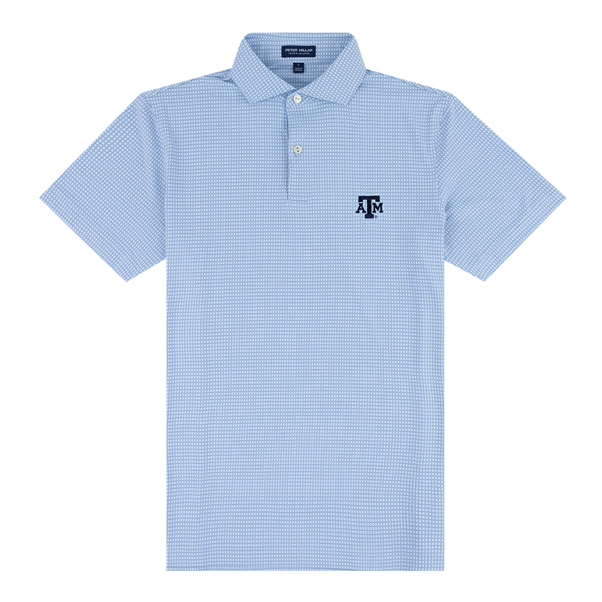 Light blue checkered polo shirt with a logo