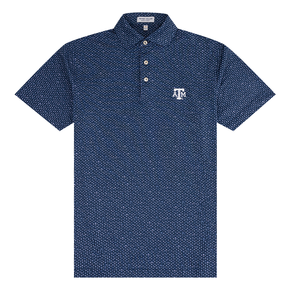 Blue polo with white designs and the Texas A&M logo embroidered in white on the upper left chest.