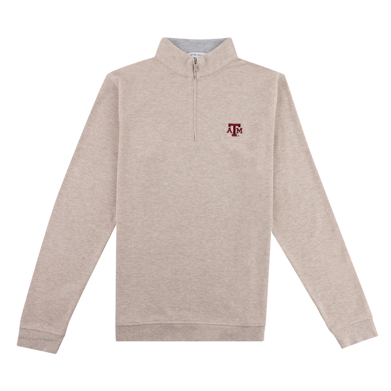 Stone quarter zip pullover with maroon ATM logo.