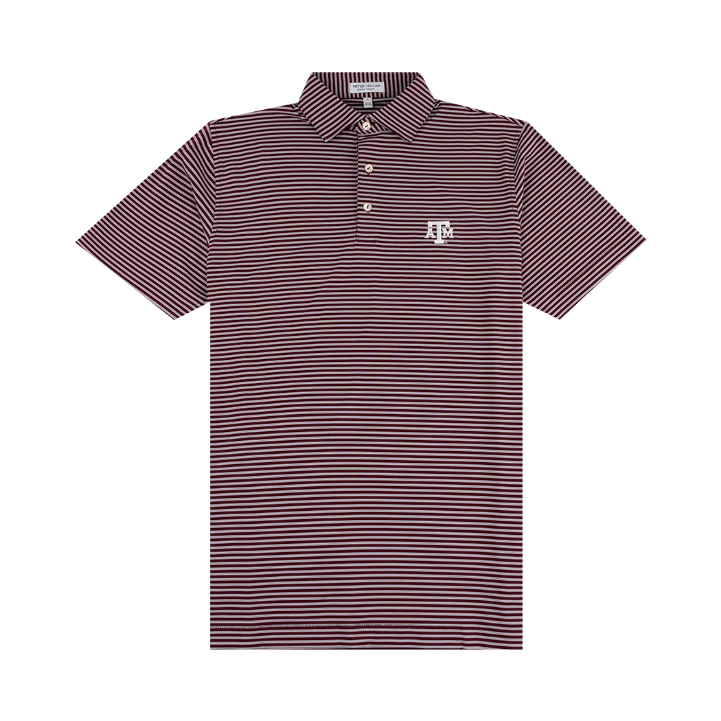 Maroon and white striped polo shirt with a logo
