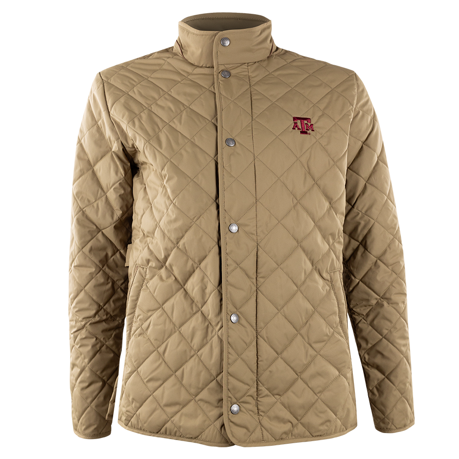 Tan quilted coat with maroon ATM logo on the left side of the chest