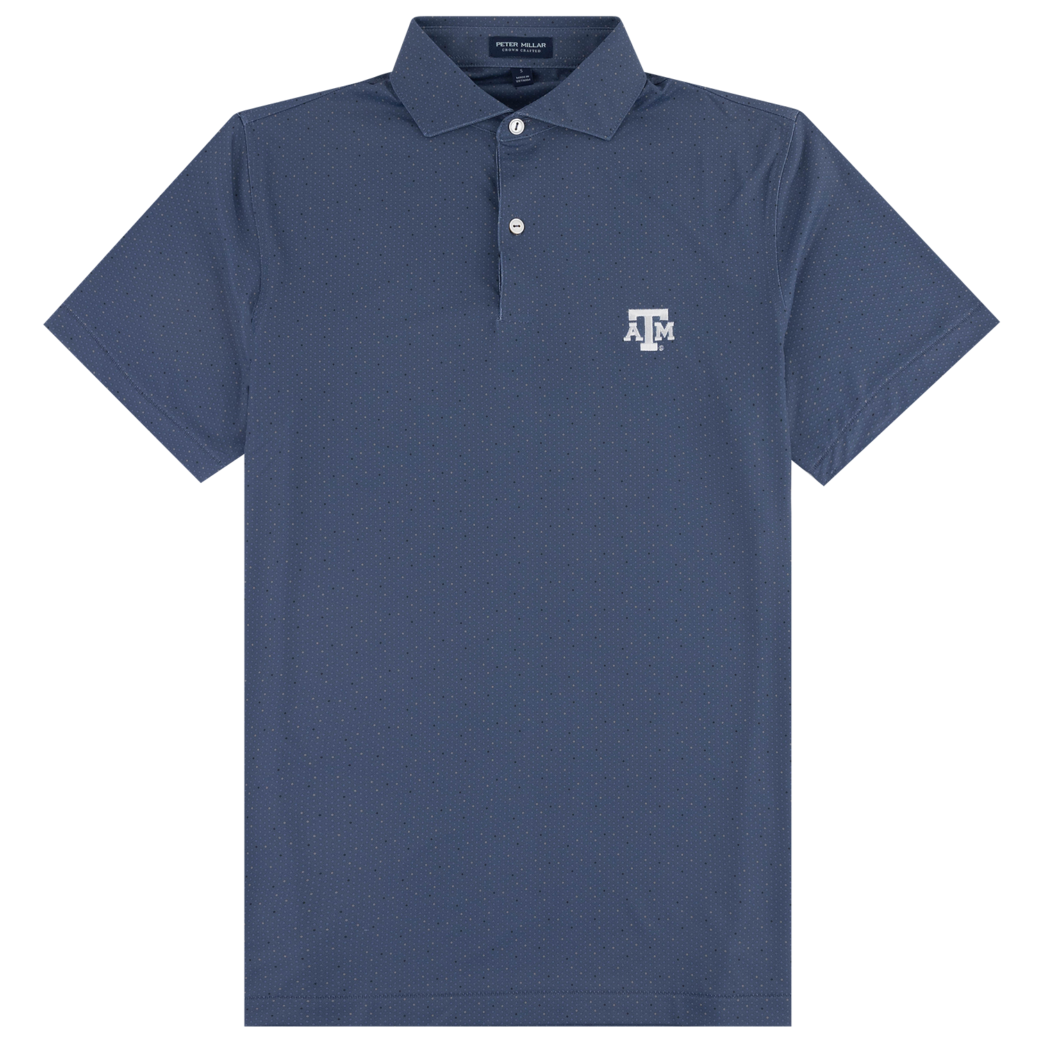 A navy blue short-sleeve polo shirt with a subtle micro-dot pattern, featuring a white embroidered 'A&M' logo on the left chest. The shirt is displayed flat against a solid white background.