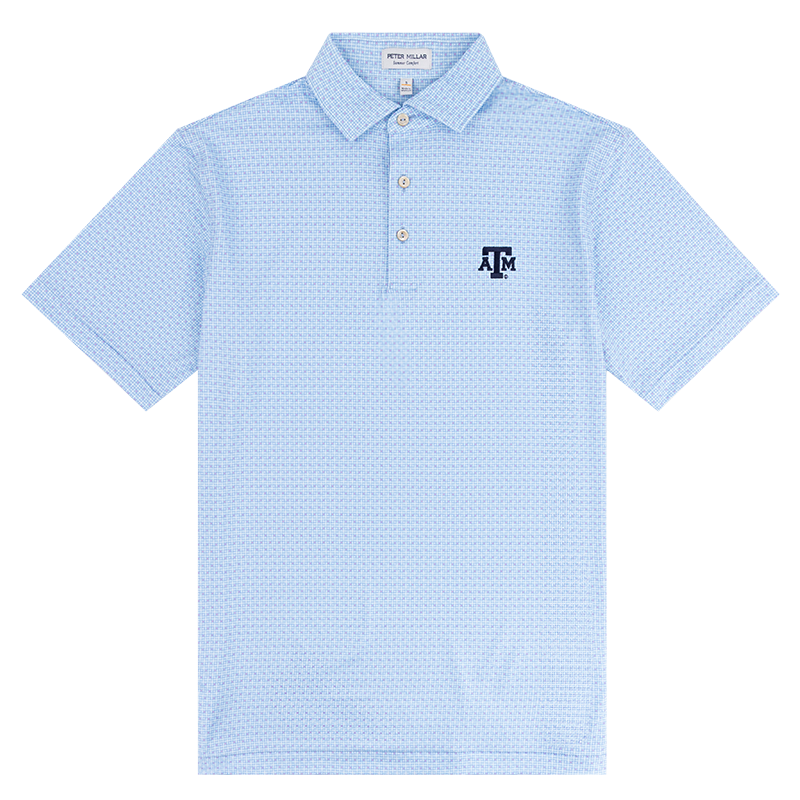 Light blue polo with purple squares and navy ATM logo on the left side of the chest