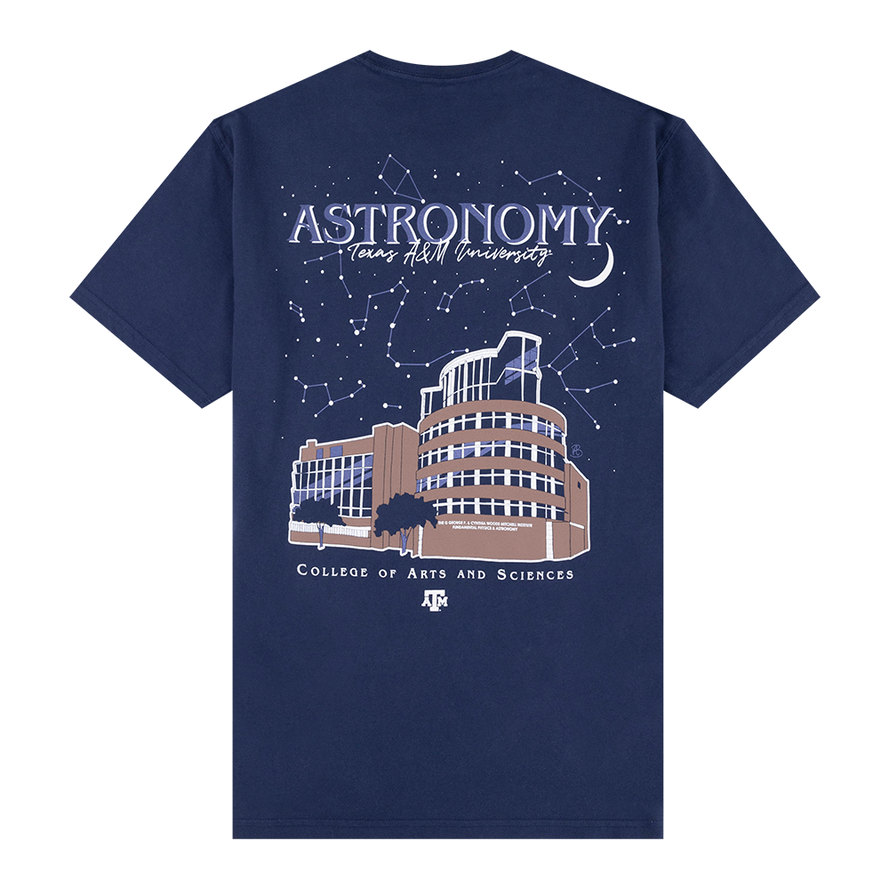 Navy blue t-shirt with 'Astronomy' and university building graphic