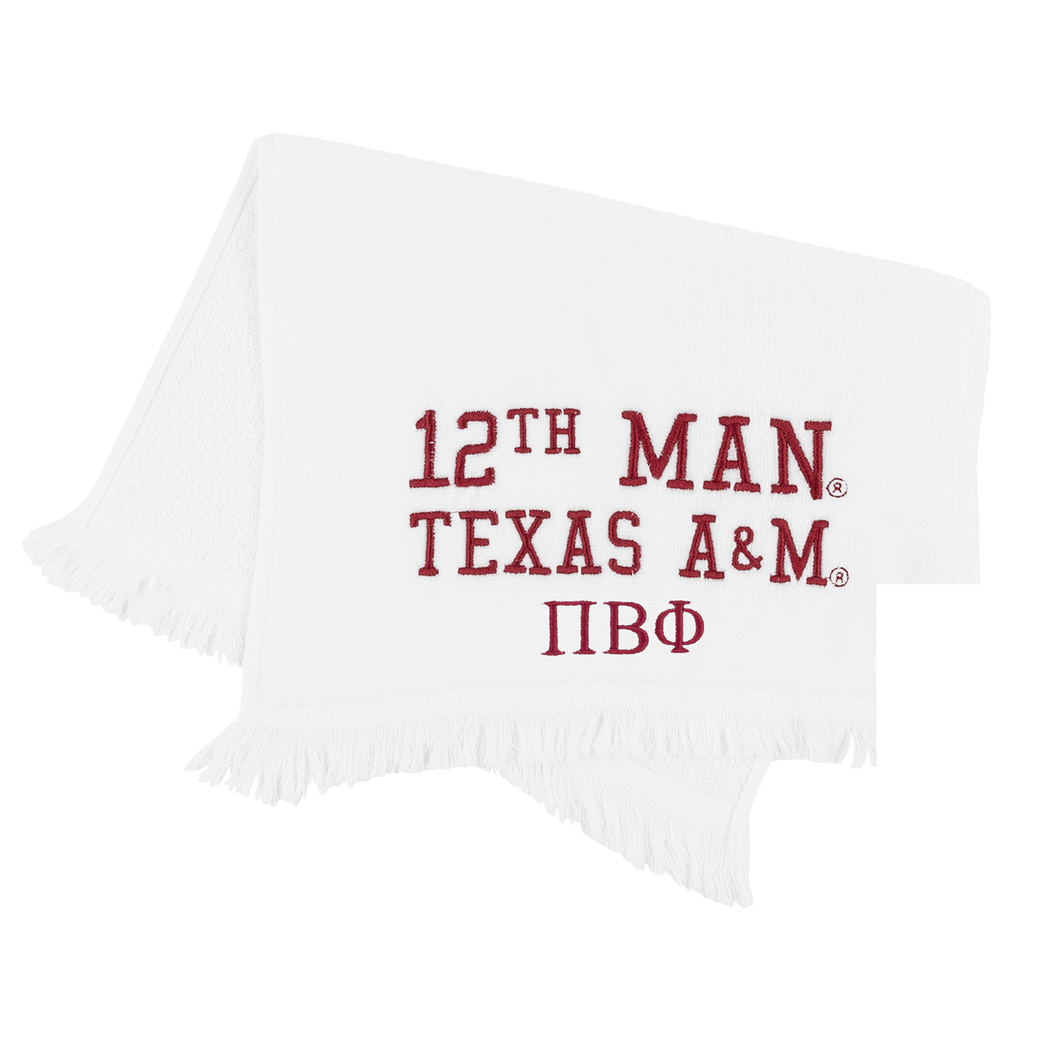 White towel embroidered with 12th Man Texas A&M with maroon Pi Beta Phi greek letters. 