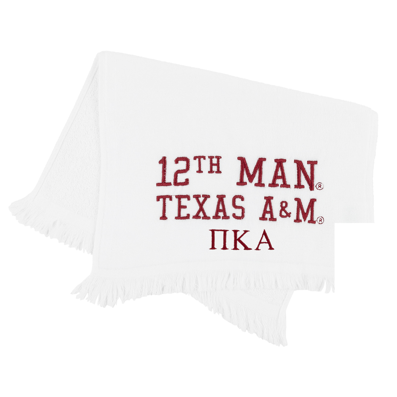 White rally towel embroidered with 12th Man Texas A&M and the Pi Kappa Alpha Greek Letters in maroon. 
