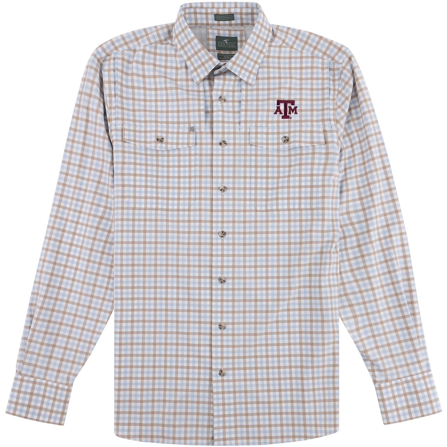 Lightweight performance button-down shirt featuring a blue, tan, and white plaid pattern, spread collar, two button-flap chest pockets, long sleeves, and an embroidered maroon Texas A&M logo on the chest.