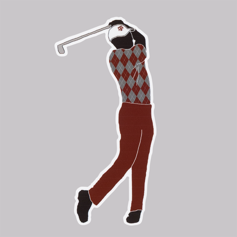 Golfer swinging his club with a Texas A&M cap on