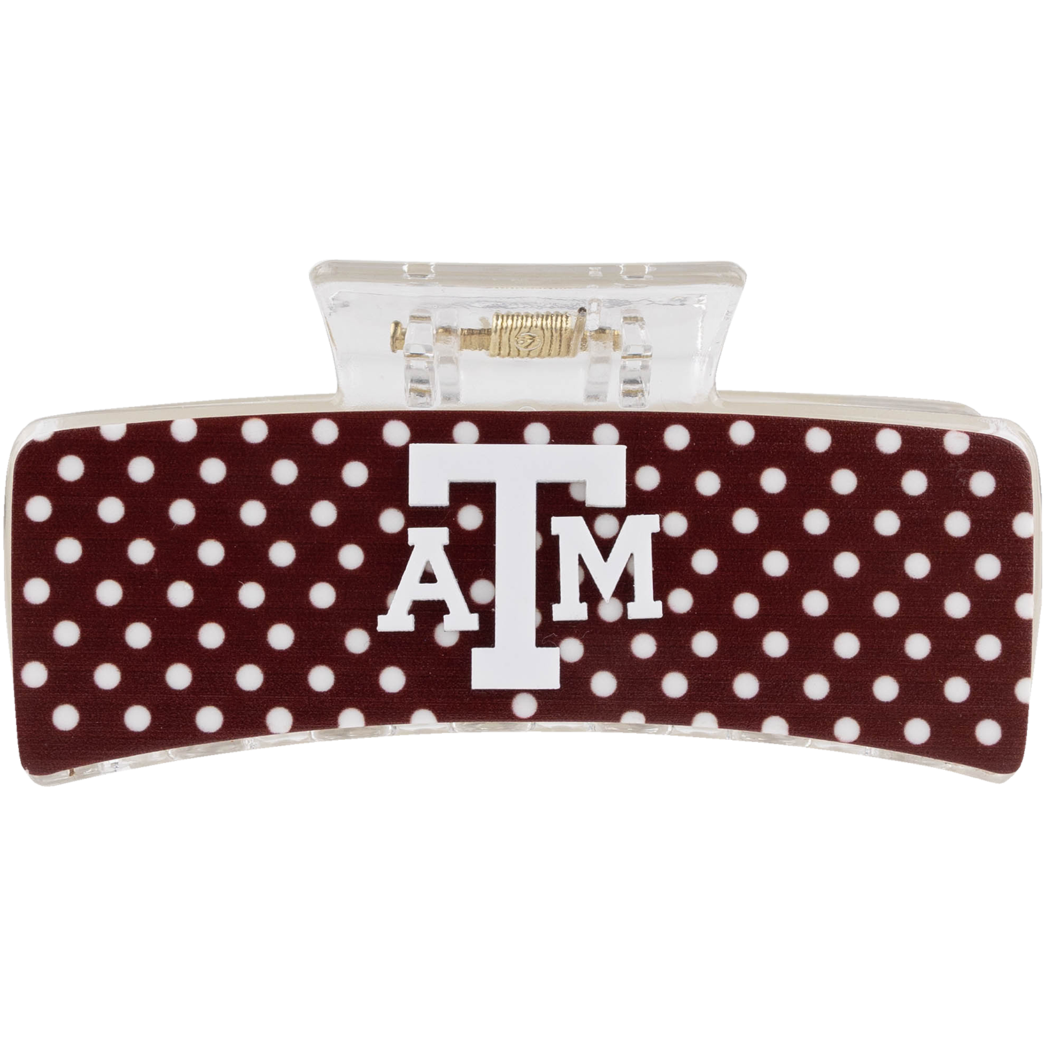 Maroon Texas A&M hair claw clip featuring a white polka dot pattern, a white ATM logo, and a clear claw-style fastening mechanism.