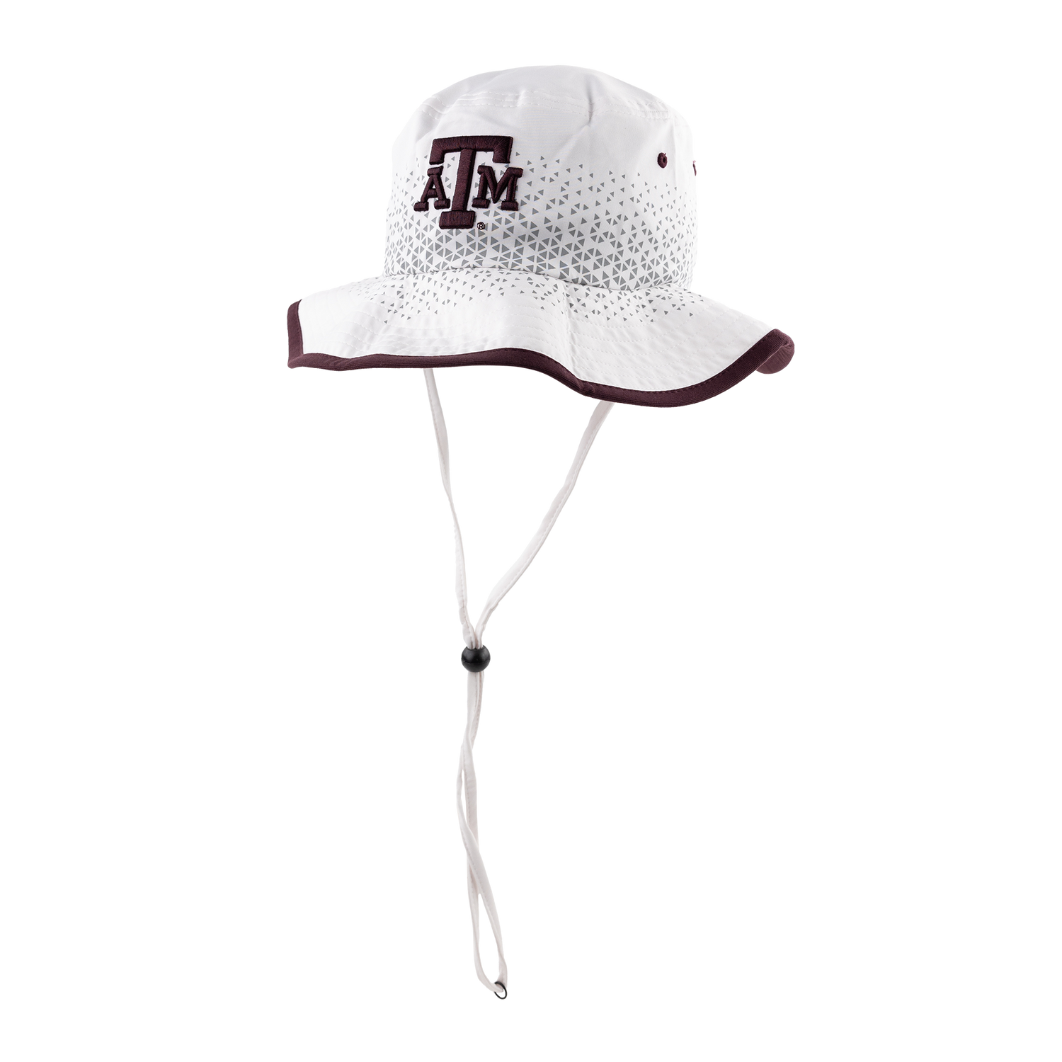 White boonie hat with gray design and maroon ATM logo on the front.