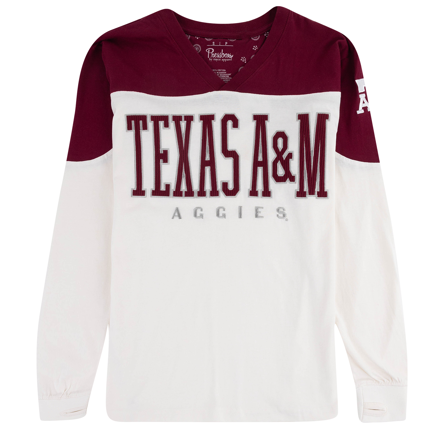 A long-sleeve V-neck shirt featuring a colorblock design with maroon and white panels. The front has 'TEXAS A&M' printed in large maroon letters with 'AGGIES' underneath in gray, and a white 'A&M' logo on the right sleeve.