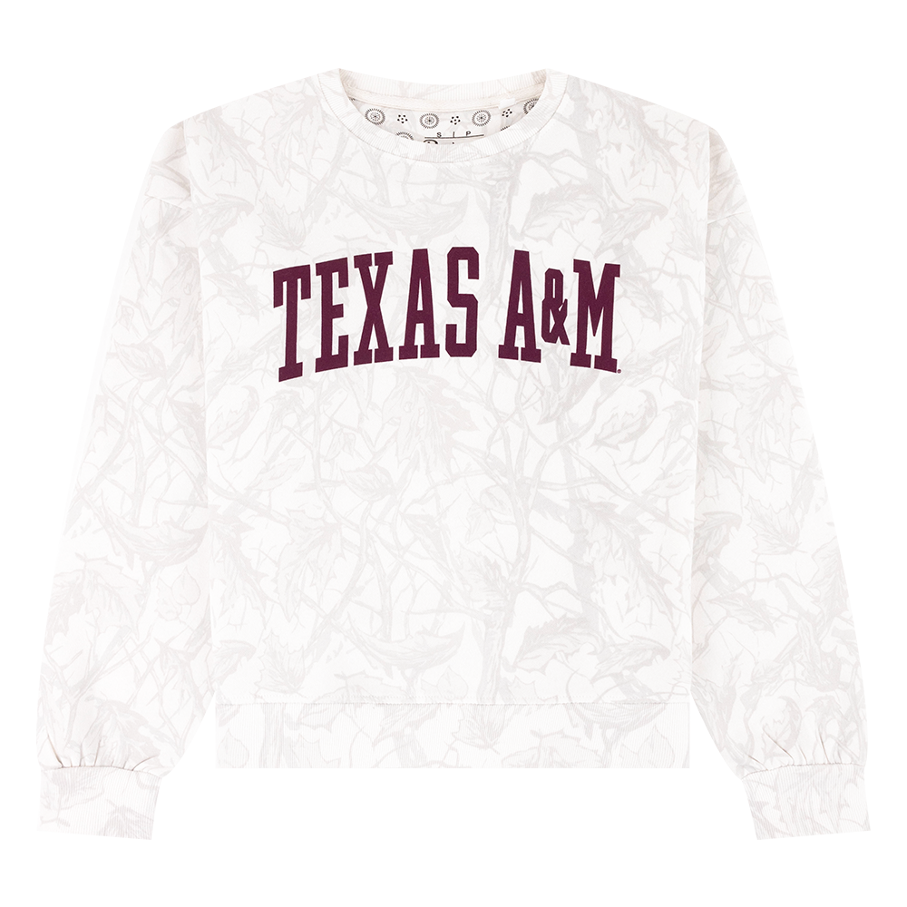 Texas A&M Pressbox Crewneck maroon script in gray and white  Camo