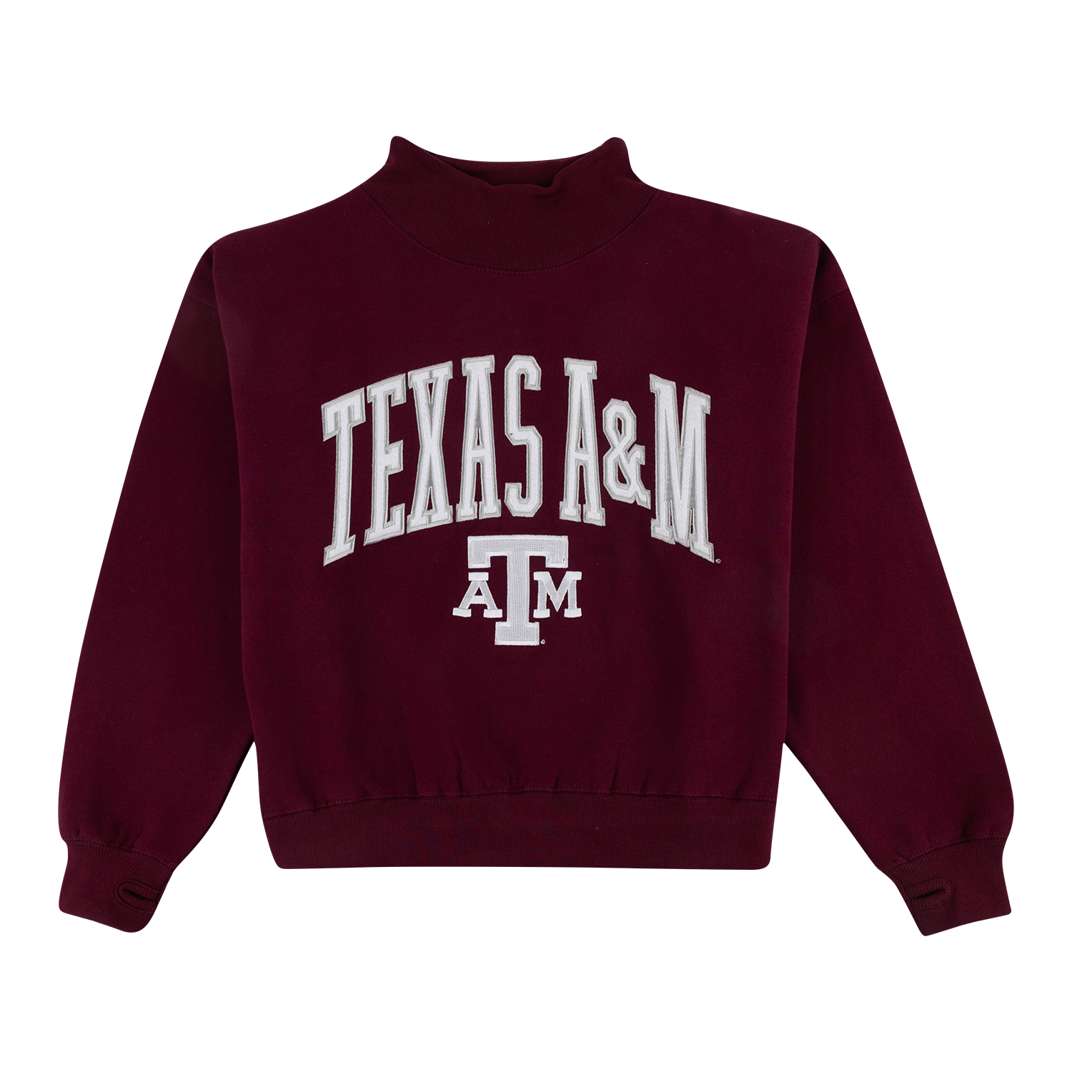 A maroon long-sleeve sweatshirt with 'TEXAS A&M' and the 'A&M' logo printed in white across the chest, displayed on a clean white background.