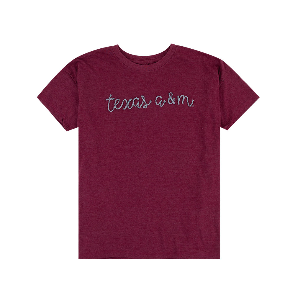 Texas A&M Pressbox Swirl Script Top in Maroon 
