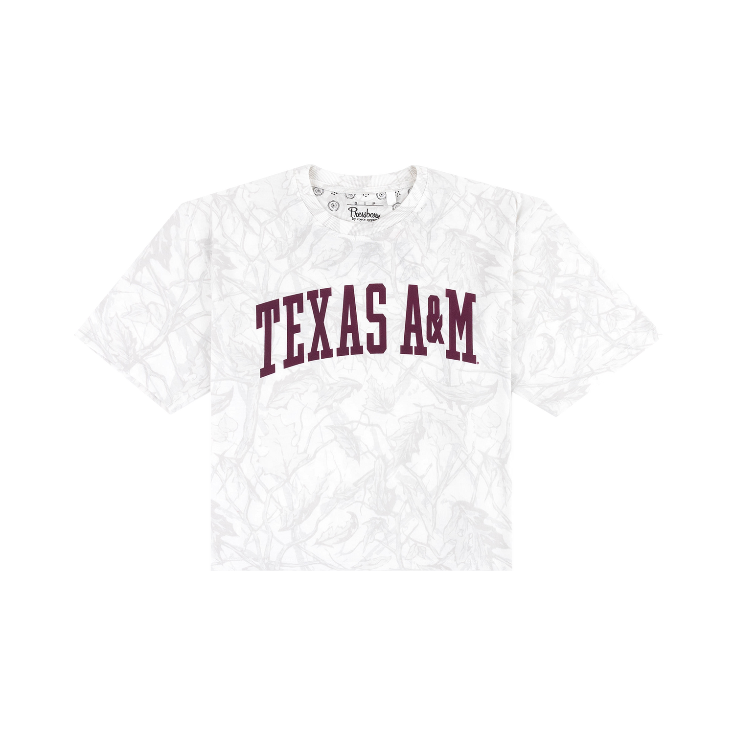 Texas A&M Pressbox T-Shirt Maroon script in gray and white Camo
