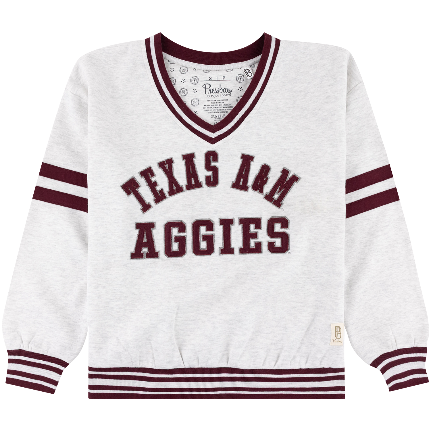 A light heather grey pullover sweatshirt featuring maroon "TEXAS A&M AGGIES" block lettering across the chest, styled with maroon-and-white striped ribbed trim along the V-neckline, cuffs, hem, and sleeves.   