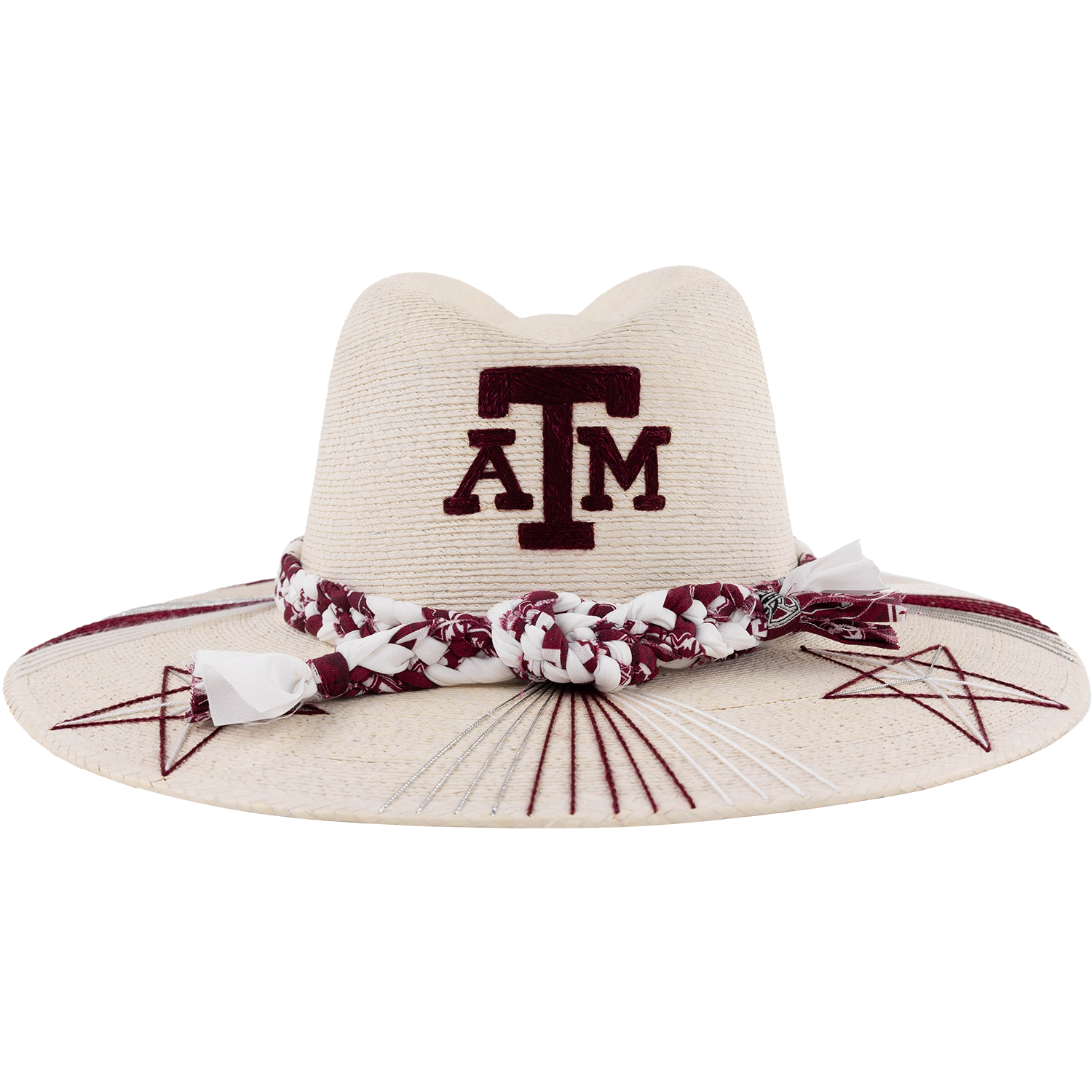 A cream-colored straw sun hat featuring a maroon embroidered 'A&M' logo on the crown, a matching maroon and white patterned bandana bow around the brim, and maroon geometric star embroidery on the sides.