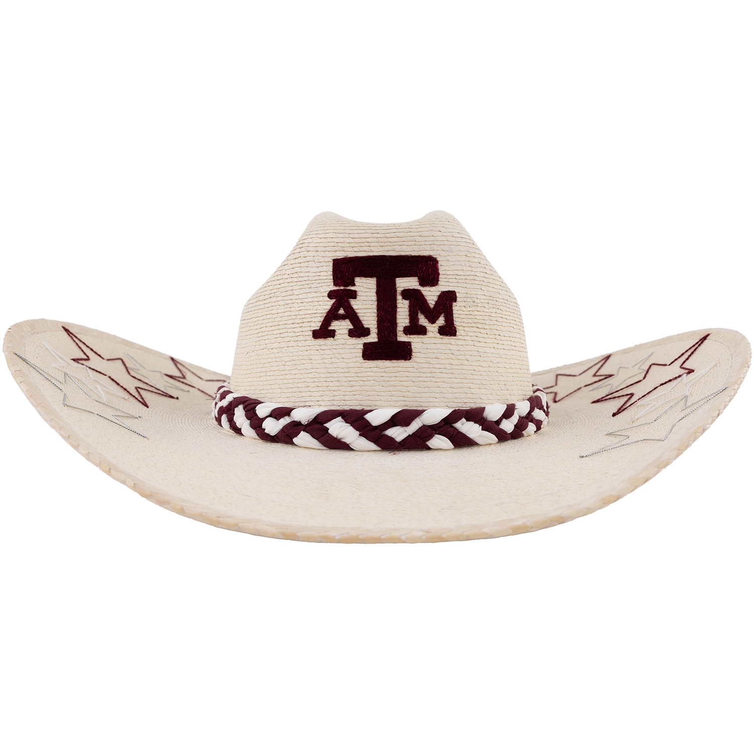 An off-white woven cowboy hat featuring a dark maroon embroidered 'A&M' logo on the front, a matching braided rope band, and embroidered lightning bolt details on the brim, set against a plain white background.