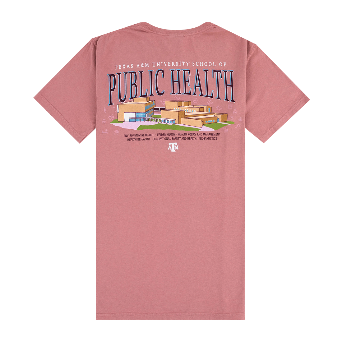 Pink t-shirt with 'Texas A&M University School of Public Health' text and graphics