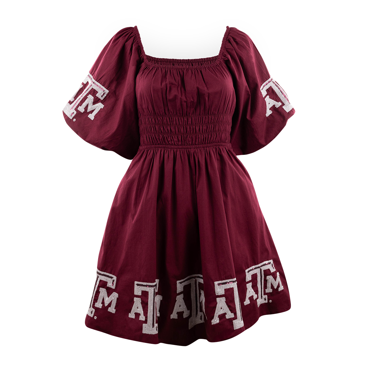Maroon puff sleeve dress with the Texas A&M logo in white around the edges