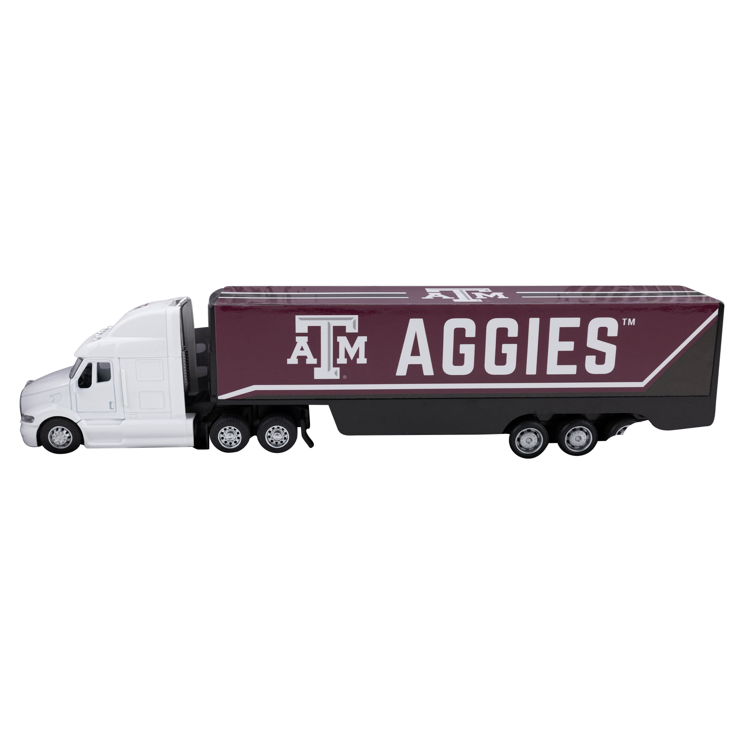Maroon and white Texas A&M Aggies pullback 18-wheeler toy truck featuring a white semi-truck cab, maroon trailer with bold white “Texas A&M Aggies” logos, black chassis, and multiple silver wheels.