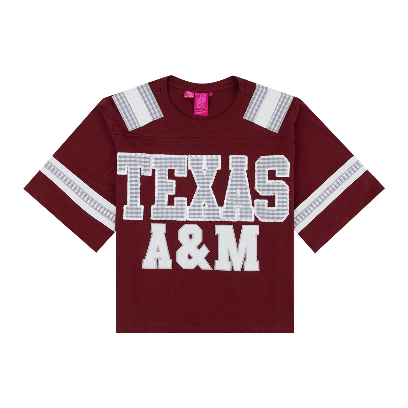 Maroon oversized top with gingham lettering and designs