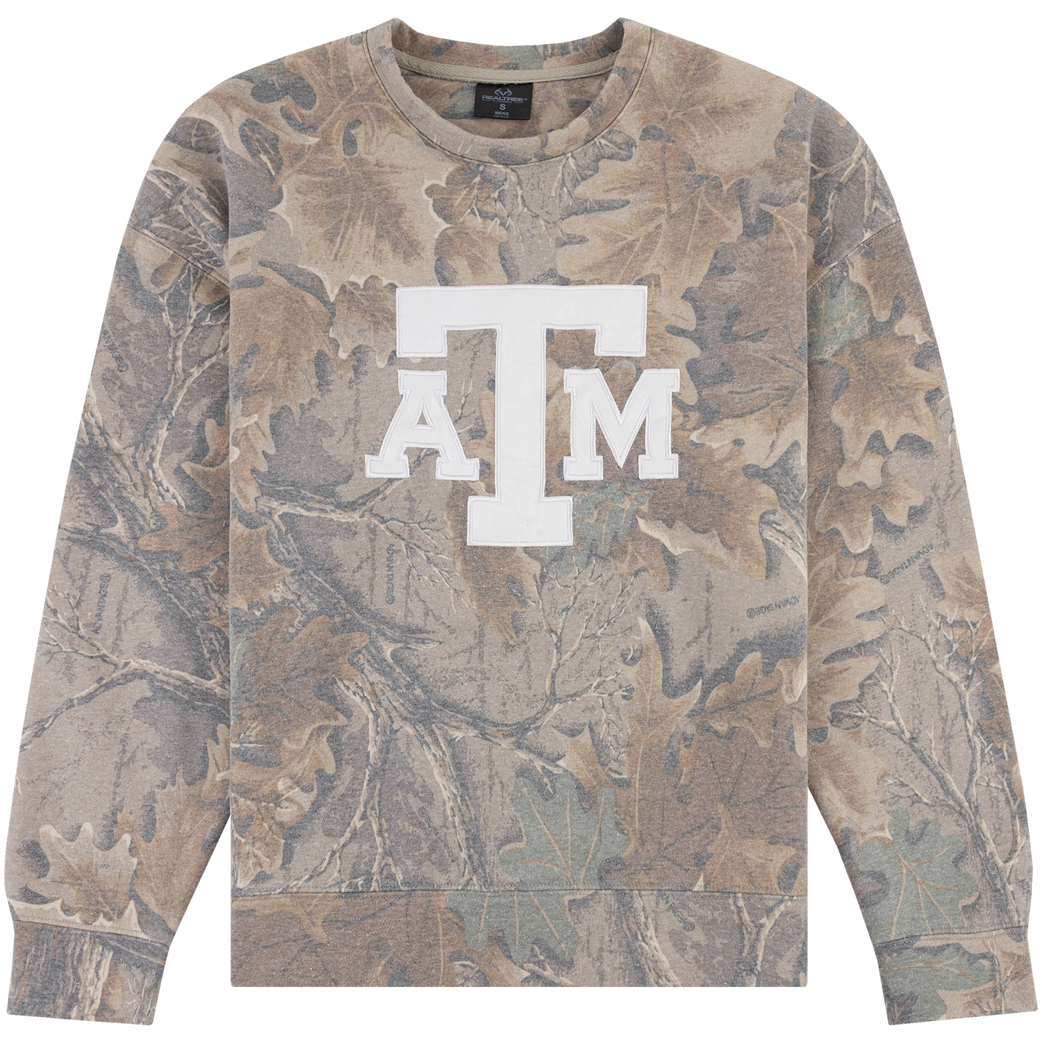 Realtree Texas A&M long-sleeve sweatshirt featuring an allover camouflage leaf pattern in neutral tones and a large white embroidered ATM logo on the front.