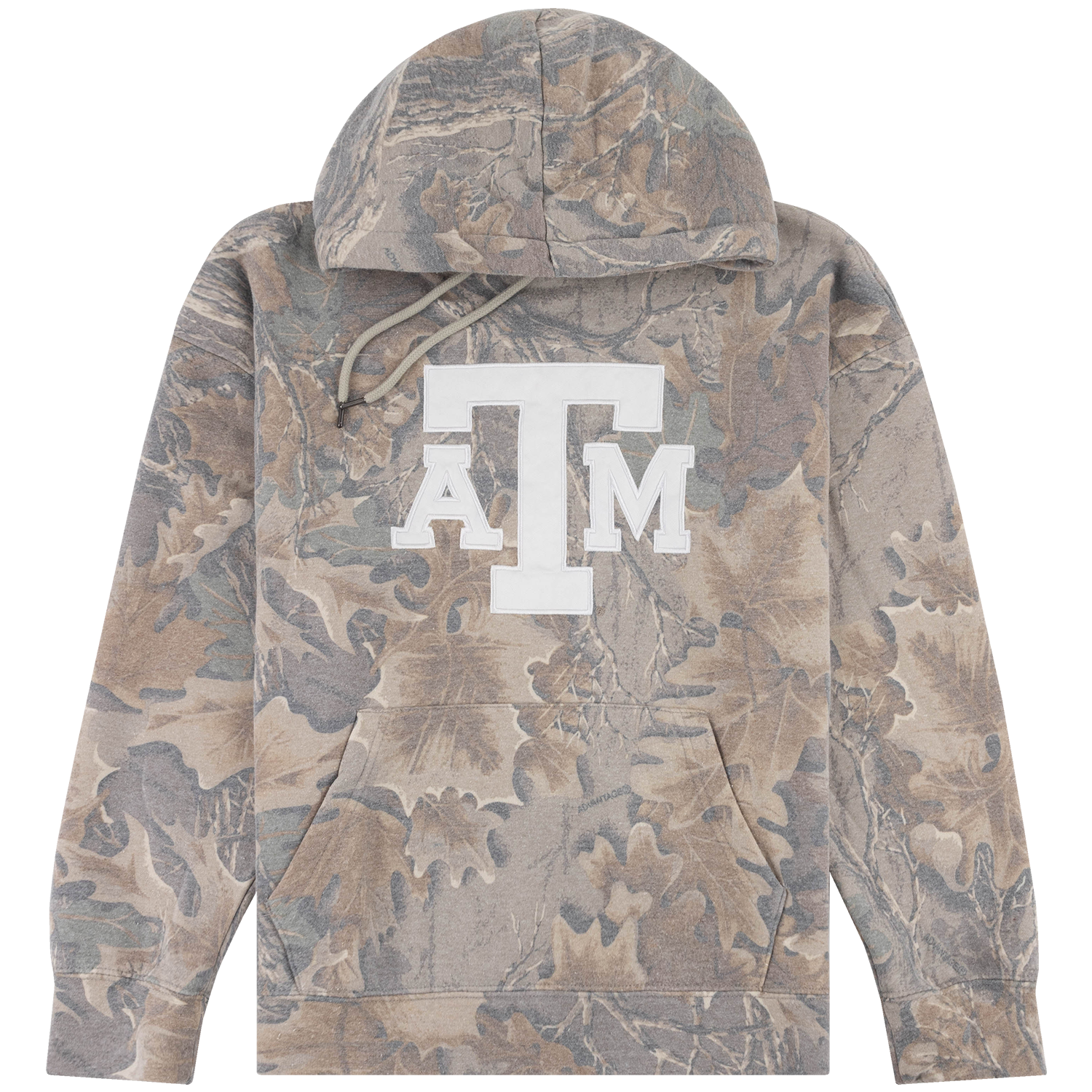Realtree Texas A&M camouflage hoodie featuring an allover neutral-toned leaf pattern, white ATM chest logo, drawstring hood, and front kangaroo pocket.