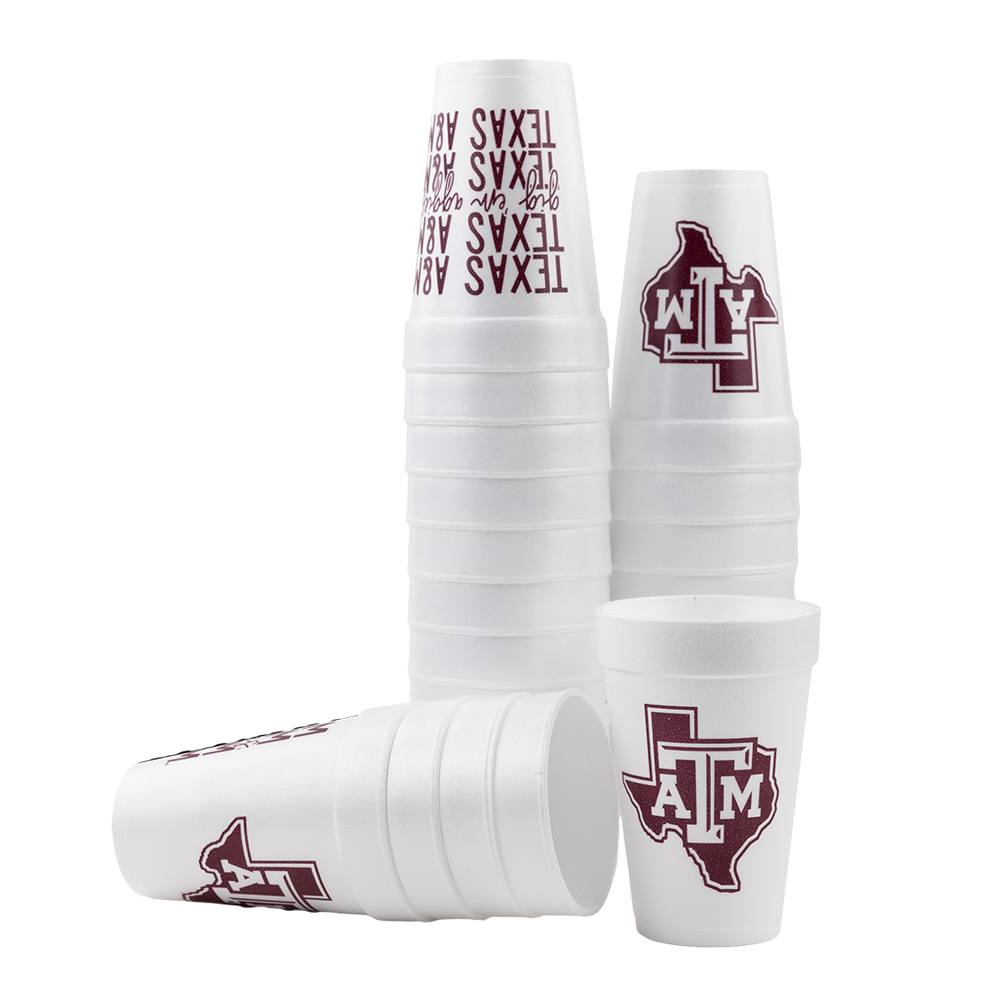 White Foam Cup with Texas A&M Logo and Texas A&M repeated with gig em aggies text.