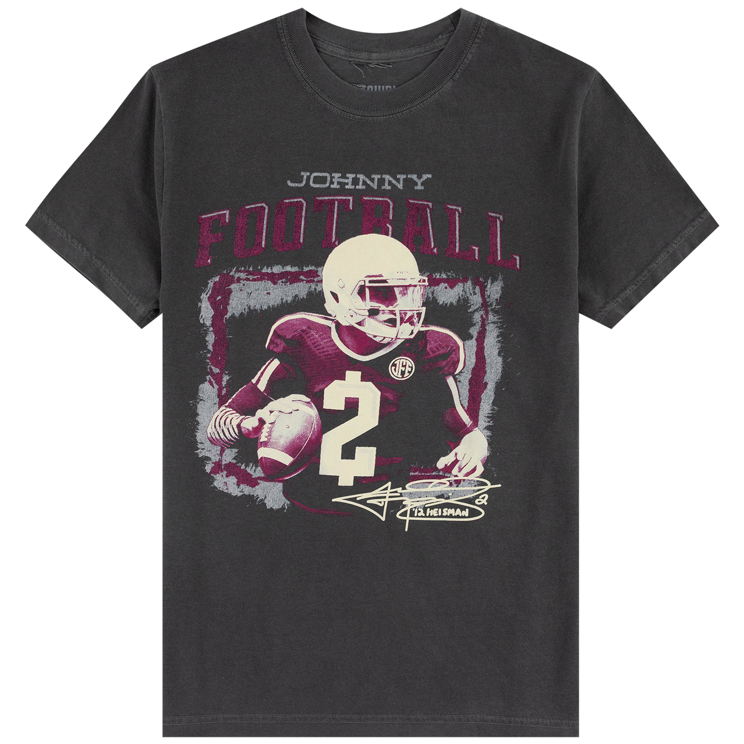 "Faded black t-shirt with 'Johnny Football' graphic featuring a maroon and white number 2 football player illustration, JFF logo, and '12 Heisman' signature design.